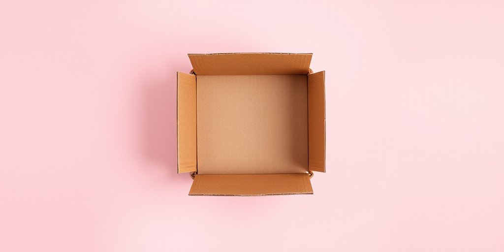 Create a high-resolution image of a brown open cardboard box centered on a soft pink circular background, using a DSLR camera with a 50mm lens, aperture f/2.8, ISO 100, shot from a top-down view, with soft diffused lighting to enhance depth and detail.