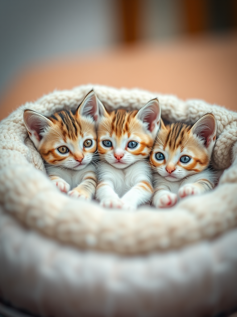 three adorable kittens nestled in a soft, cozy blanket, shallow depth of field, natural soft lighting, 50mm lens, f/1.8, ISO 200, Canon EOS R5, portrait view, high resolution