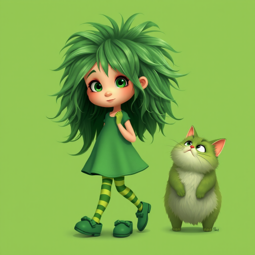 Pixar style of a young girl with exaggerated fluffy long shaggy flowing green hair. She is wearing a green dress and striped green tights, and green clogs. background is green with a cat walking next to her. The cat is fat, green with fluffy hair and looking up at the girl with a curious expression. Green color palette.