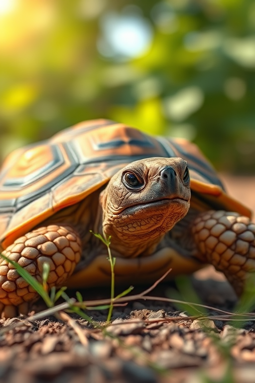 Create a highly detailed illustration of a tortoise in a natural setting, with soft natural lighting, a shallow depth of field to blur the background, captured with a DSLR camera at f/4, ISO 100, and a shutter speed of 1/200 sec, using a macro lens for enhanced texture and clarity.