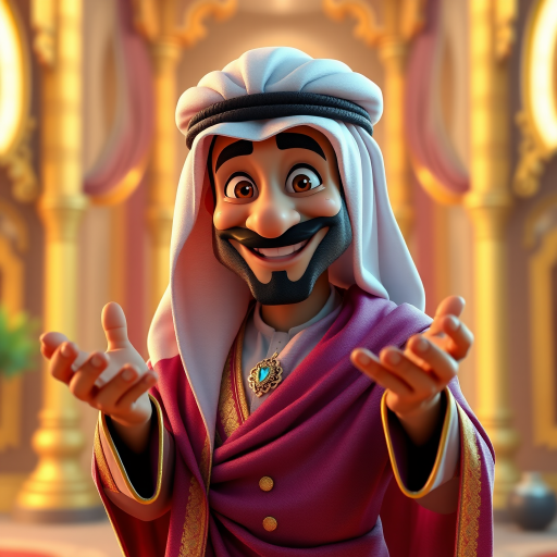 Create a 3D rendering of a wealthy Arab male sheikh from Dubai, inspired by the Disney animation style. The sheikh must have a smile and a playful but wise character. Place your character in an atmosphere of wealth and luxury. The image must be in high resolution format. Dynamic pose above the waist, gesturing with hands (Pixar Art style)++ highly detailed digital painting, art stations, concept art, soft focus, hard focus, illustrations. cinematic, visual effects, HDR, Unreal Engine 5, ray tracing, soft light, 8k, high detail, sparkling backlighting, luxury gem, game art, 3d, cartoon, colorful, magical, mysterious