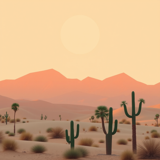 Generate a minimalist desert landscape with soft pastel tones, featuring stylized mountains in warm earth tones, a large sun overhead, and simple palm trees and cacti in the foreground, captured with a DSLR camera, 50mm lens, f/2.8 aperture, ISO 100, in natural light for enhanced color saturation and clarity.