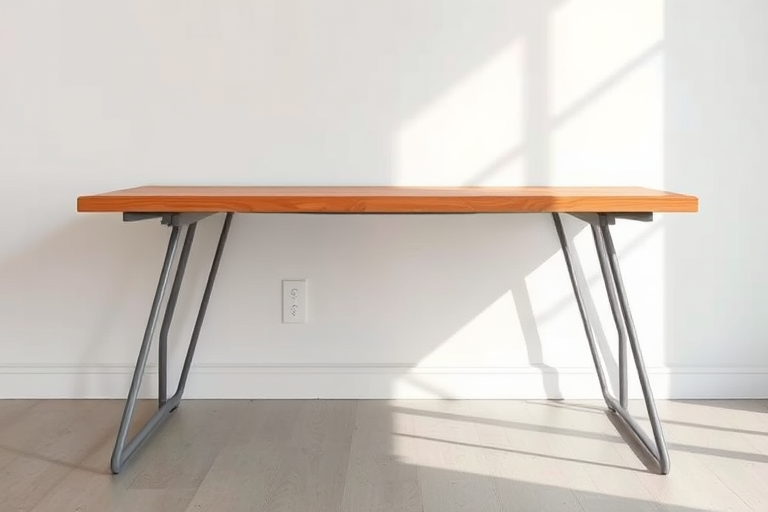 Create a highly detailed digital illustration of a modern desk from a frontal view with a wooden top and metallic gray legs, using a Canon EOS R5 with a 50mm f/1.2 lens, aperture set to f/8, ISO 100, and natural lighting to enhance the clarity and texture of the materials.