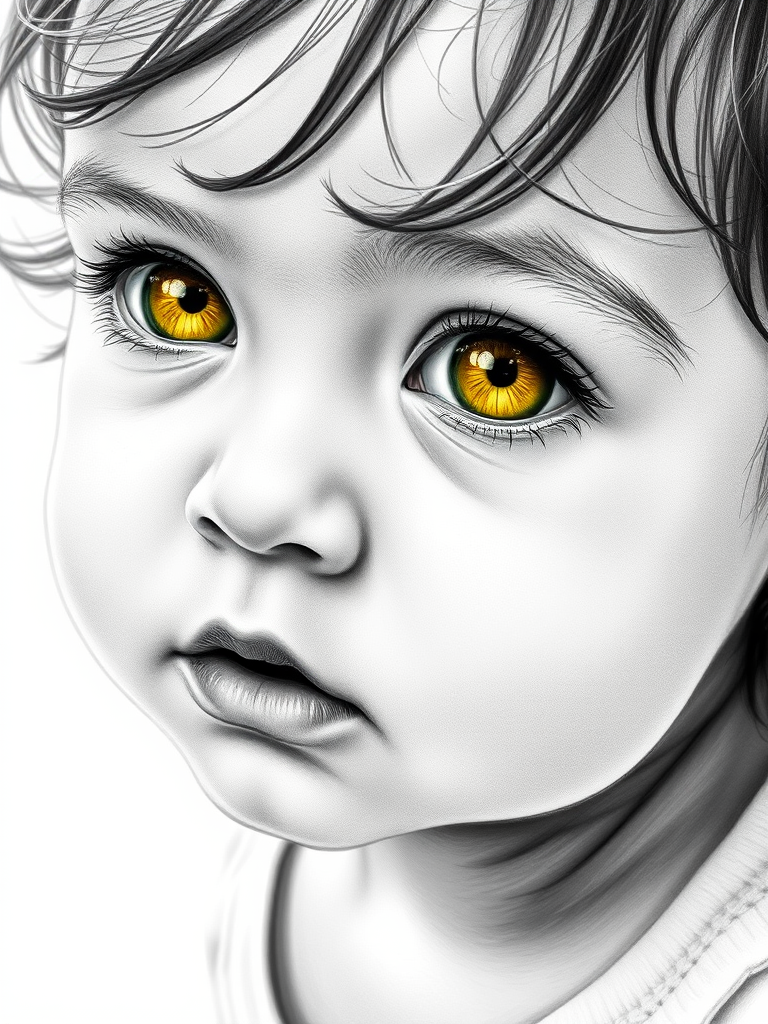 A hyperdetailed photorealistic black and white sketch of a beautiful toddler with deep Yellow eyes, with a macro focus