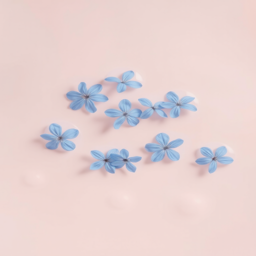 A serene composition of delicate blue flowers floating on a soft pastel surface with gentle bubbles surrounding them, creating a tranquil and calming atmosphere.