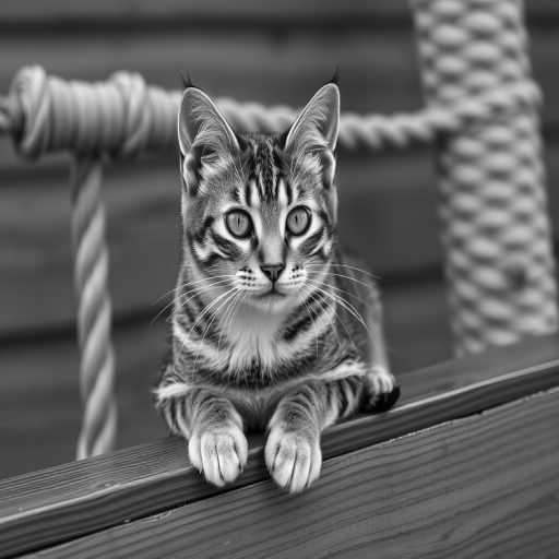 A close-up shot of a tabby cat perched on a wooden ledge, with a rope scratch post in the background, using a Canon EOS R5, 50mm lens, aperture f/1.8, ISO 100, natural lighting, black and white style.
