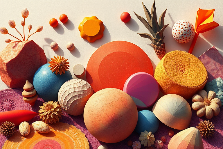 Create a vibrant, high-resolution digital illustration of abstract shapes and objects inspired by natural forms and artifacts, using a Canon EOS R5, 50mm lens, f/8 aperture, 1/125 shutter speed, and optimized for bright daylight lighting to enhance color saturation and detail.