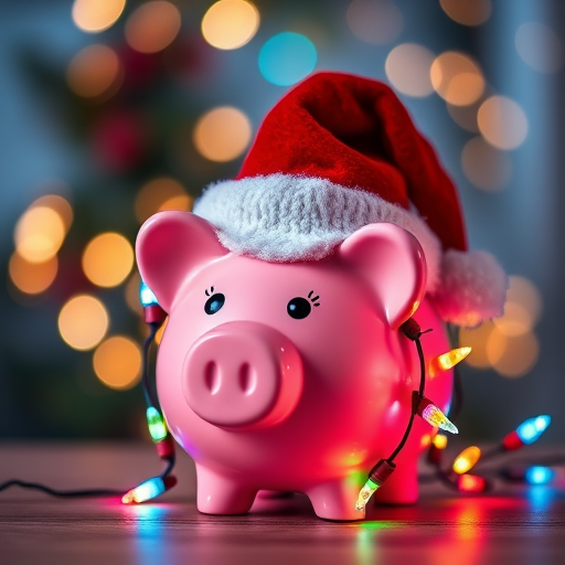 Generate a festive image featuring a pink piggy bank wearing a Santa hat. The piggy bank should be adorned with colorful Christmas lights and set against a soft, blurred background with twinkling holiday lights. The overall mood should be cheerful and whimsical, capturing the spirit of the holiday season.