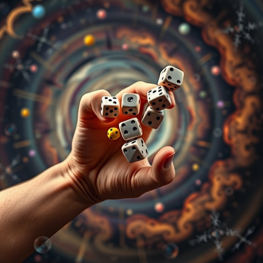 A dynamic composition featuring a hand manipulating multiple artistic dice and tokens against a swirling cosmic backdrop; camera settings: f/2.8 aperture, 1/200 sec shutter speed, ISO 100; camera view: close-up; camera style: high contrast; camera type: DSLR.