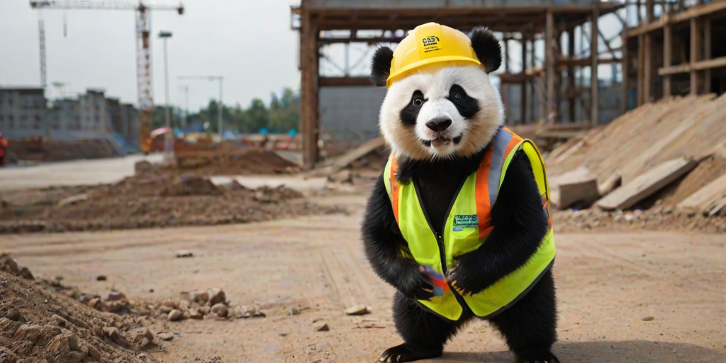 The image is a high-resolution photograph of a Naughty panda, depicted standing on a bustling construction site. Huahua has her distinctive black and white fur, and she is dressed in a bright yellow construction helmet and a reflective safety vest, adding to her professional appearance. The helmet has a small logo on the front, and the vest is detailed with reflective stripes, creating a realistic construction look.