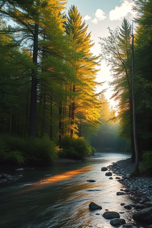 Create an image of a serene, sunlit forest scene with a clear, gently flowing river. Tall trees with lush green foliage line both sides of the river, their leaves bathed in the warm golden light of the setting or rising sun. The sunlight filters through the trees, casting soft, dappled light on the river, which flows over smooth rocks and pebbles, creating a peaceful, natural atmosphere. The sky is bright with a few scattered clouds, and the overall mood is tranquil, evoking a deep sense of connection with nature. The image captures the beauty of a calm, pristine forest landscape at either dawn or dusk.