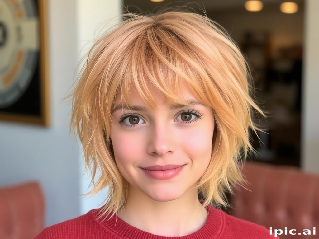 Charming peach-haired ingénue with a soft, face-framing shag cut featuring wispy bangs and textured layers
