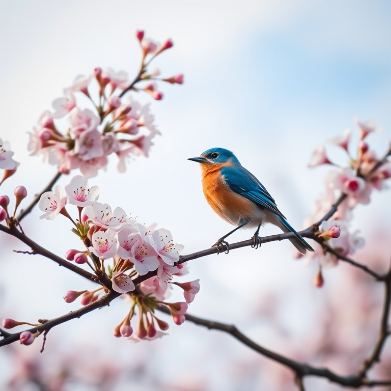 A blue bird perched on a branch of flowering cherry blossoms against a soft sky backdrop, captured with a Canon EOS R5, 50mm lens, f/1.8 aperture, ISO 100, natural light, shallow depth of field.