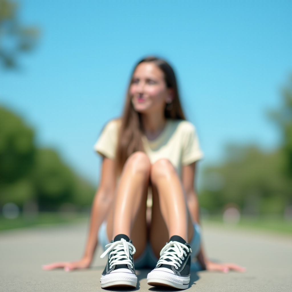 Generate an ultra-realistic, highly detailed, high-definition photograph. It's a photo of a girl sitting on the floor. She's looking at the horizon. The photo is taken from the bottom up, at ground level. The girl's sneakers are in the foreground, in the center of the scene. The girl is wearing light clothes, a t-shirt and short shorts. The sky is blue. Bright environment. The background is a blurred image of a park.