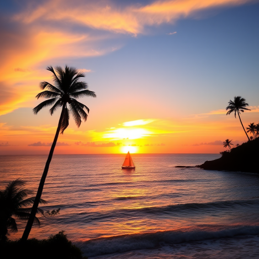 Create a vibrant sunset scene over a calm ocean with silhouettes of palm trees, a small sailboat on the water, golden sunlight reflecting on the waves, ISO 200, f/8 aperture, 1/200 sec shutter speed, captured with a DSLR camera in landscape orientation.