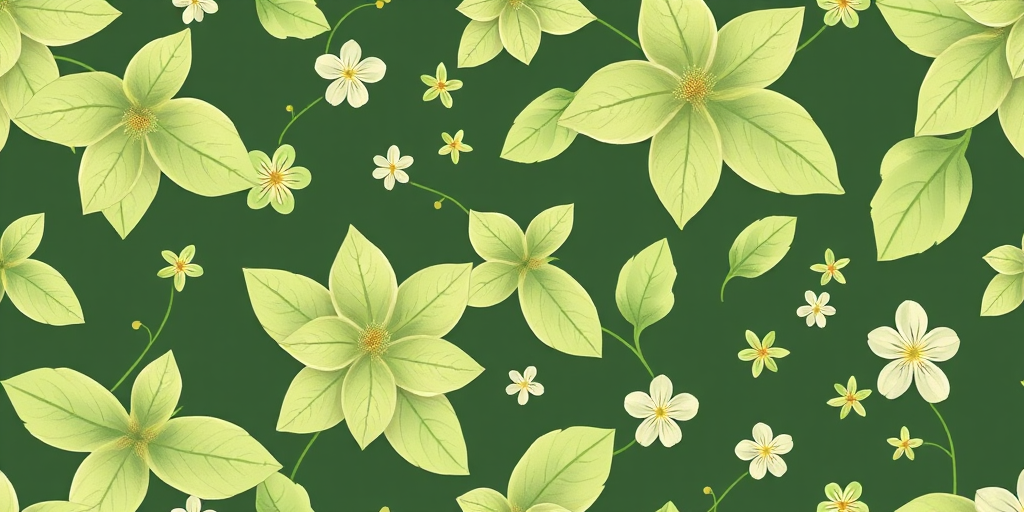 Generate a seamless floral pattern with light green leaves and flowers on a dark green background, using a Canon EOS R6 with a 50mm lens at f/4, ISO 100, 1/125s, top-down view, soft focus styling for a natural look.
