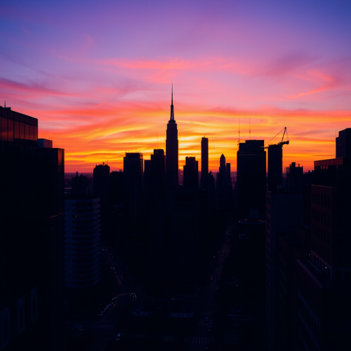 Sharp, high-contrast image of a city skyline at sunset, the buildings silhouetted against a vibrant orange and pink sky, soft light reflecting off the glass windows, distant cars and pedestrians moving through the streets below, a sense of urban energy captured.