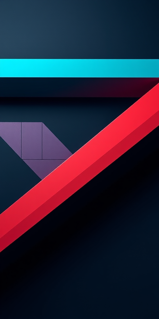 Generate a high-resolution image of an abstract geometric design with sharp lines and vibrant colors, using a DSLR camera with a 50mm lens at f/1.8, ISO 100, and a shutter speed of 1/200s, shot from a top-down view with soft diffused lighting.
