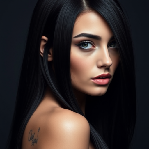 Mysterious beauty with long, jet-black hair styled in sleek, pin-straight locks with a deep side part and subtle blue undertones