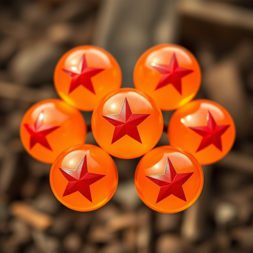 Create an image of a cluster of eight orange dragon balls with five-pointed red stars inside, captured in high resolution with a 50mm lens, aperture f/2.8, ISO 100, natural lighting, and a shallow depth of field to enhance clarity and focus on the dragon balls.