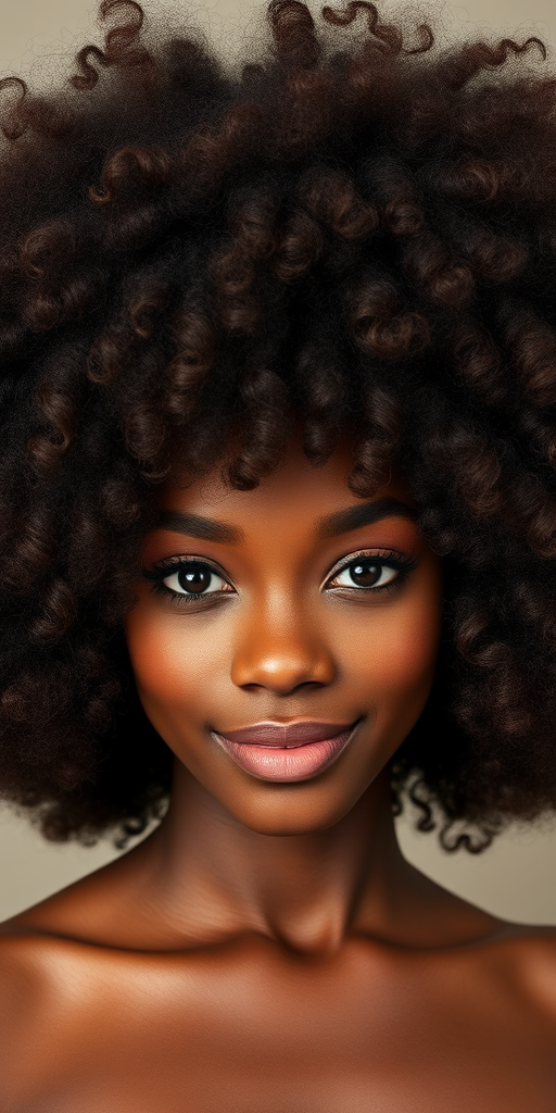 Voluminous curly afro with rich chocolate brown hues, perfectly defined coils framing the face, celebrating natural texture and embracing cultural heritage
