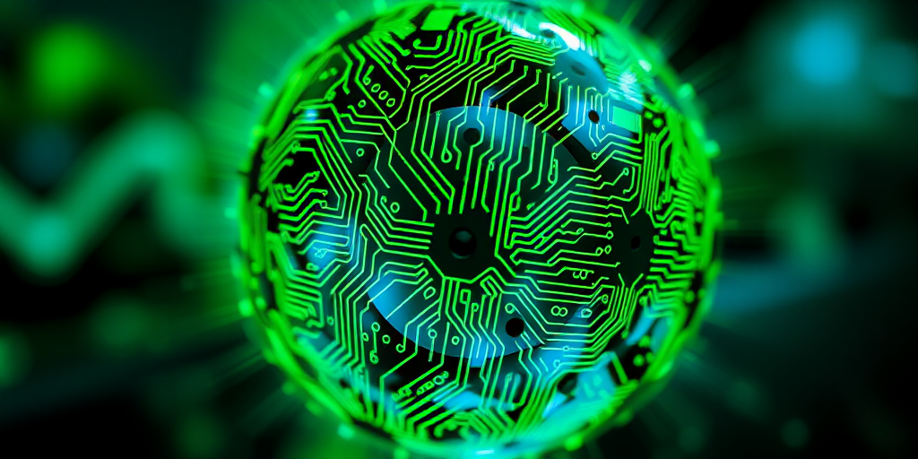 Regenerate an abstract image featuring a spherical object with intricate circuit patterns, illuminated in green and blue hues, captured from a close-up perspective using a DSLR camera at f/8, ISO 100, shutter speed 1/125s, in a soft-focus style.