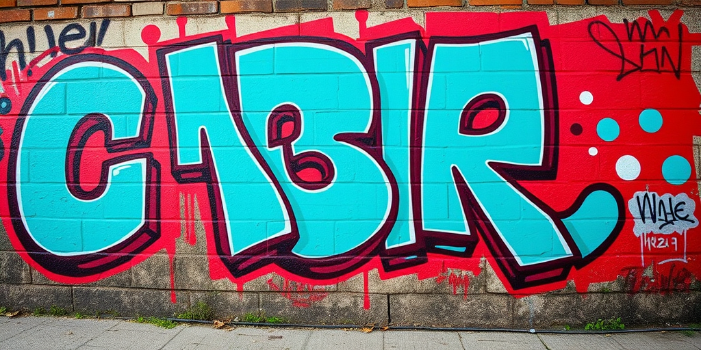Regenerate a vibrant urban graffiti wall mural with a focus on bright turquoise and red colors, using a DSLR camera with a 35mm lens, aperture f/2.8, ISO 200, and a shallow depth of field for enhanced clarity and texture, shot from a low angle perspective to emphasize the artwork's detail and urban atmosphere.
