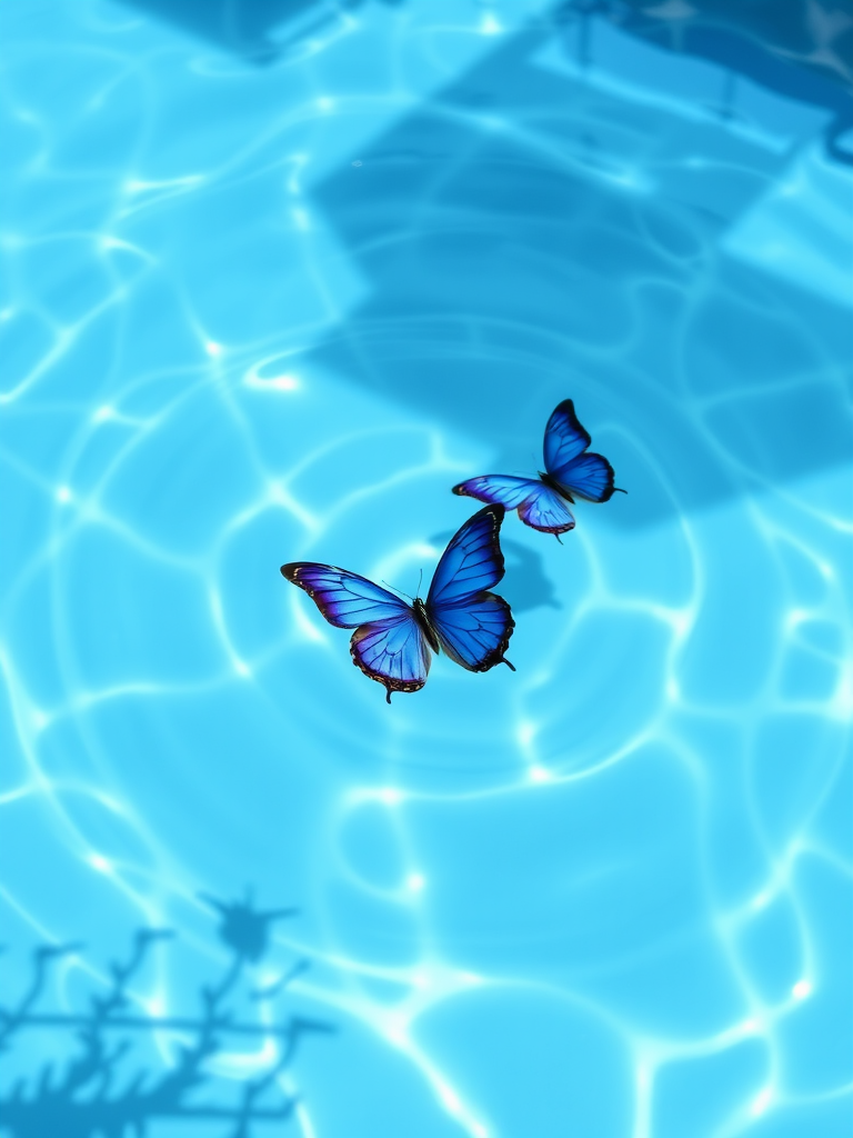 Generate an image of butterflies gracefully floating on the surface of a clear blue pool. The butterflies should have vibrant blue wings, reflecting sunlight, with gentle ripples in the water creating a serene atmosphere.