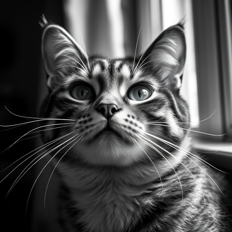 Generate a high-contrast black and white image of a cat with detailed fur texture, shot with a Canon EOS R5, 85mm lens, f/1.8 aperture, 1/200s shutter speed, ISO 200, in soft natural light from a window, capturing a close-up perspective to emphasize the cat's facial features and expressions.