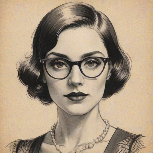 Elegant Raven Symon', pencil sketch, portrait of Dazzling woman 1920s in glasses, hair style beatnik, outline, clear lines, fine lines, 8k