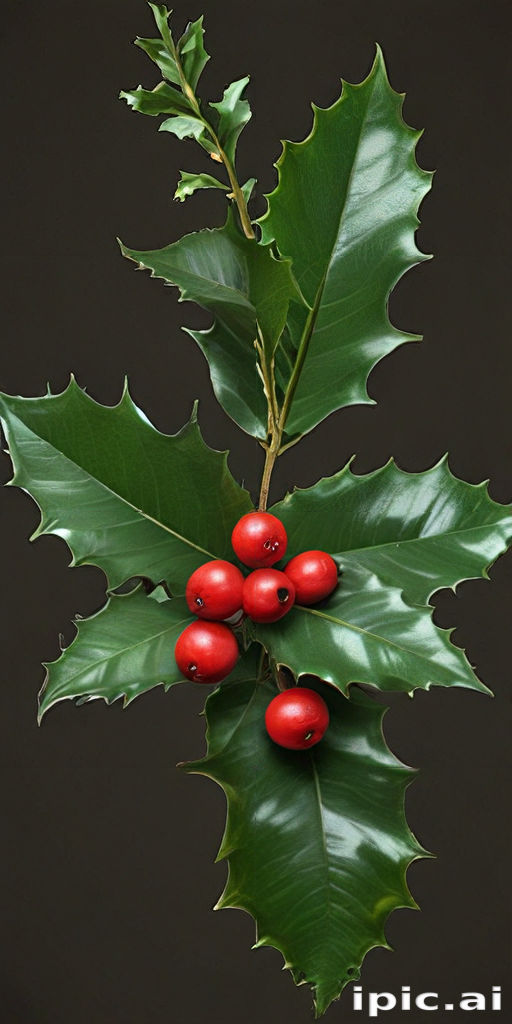 Beautiful Holly Branch with Glossy Green Leaves and Vibrant Red Berries