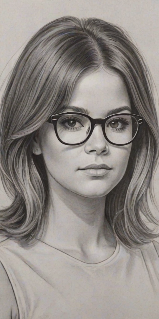 Captivating Maren Morris, pencil sketch, portrait of Comely woman 1960s in glasses, hair style beatnik, outline, clear lines, fine lines, 8k