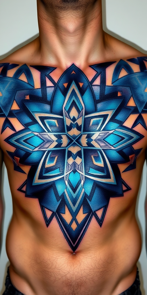 Mesmerizing geometric tattoo covering the chest and shoulders composed of interlocking shapes in shades of electric blue and metallic silver creating an optical illusion effect with precise symmetry