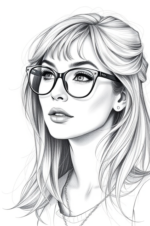 Beautiful Natalie Portman, pencil sketch, portrait of beautiful woman 60s in glasses, hair style beatnik, outline, clear lines, fine lines, 8k