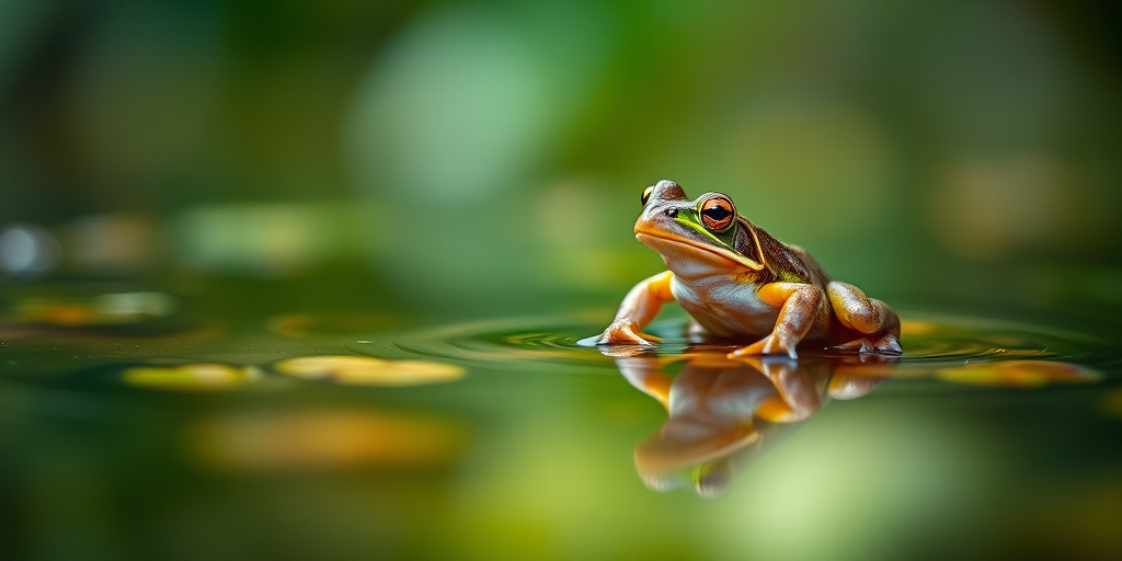 macro shot of a frog sitting on a pond surface with soft focus background, aperture f/2.8, shutter speed 1/200s, ISO 100, DSLR camera, natural light, shallow depth of field, vibrant colors
