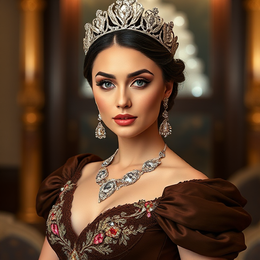 A gorgeous Kazakh woman in a luxurious brown gown, accessorized with a dazzling tiara and statement earrings, her deep blue eyes highlighted by impeccable makeup, poised in a royal setting, photorealistic, 8K quality