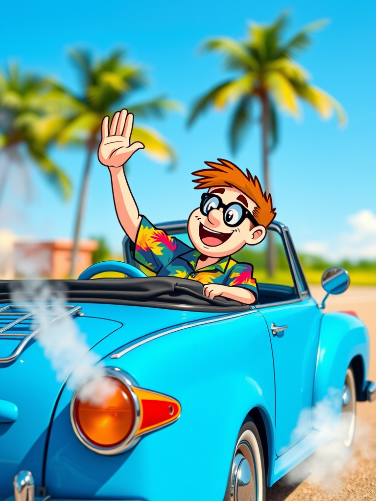 A vibrant cartoon of a blue convertible with a cheerful character waving, wearing a colorful Hawaiian shirt, with smoke coming from the exhaust, shot with a DSLR camera, aperture f/4, shutter speed 1/500s, ISO 100, in a bright outdoor setting.