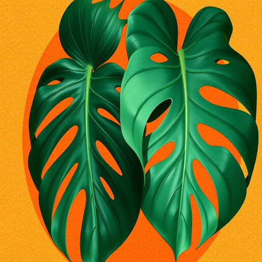 Create an illustration of two monstera leaves intertwined on a textured orange circular background, using a digital art style with vibrant colors and smooth lines, shot in high resolution with a Canon EOS R5 at f/2.8, ISO 100, 50mm lens, soft natural lighting for enhanced detail and clarity.