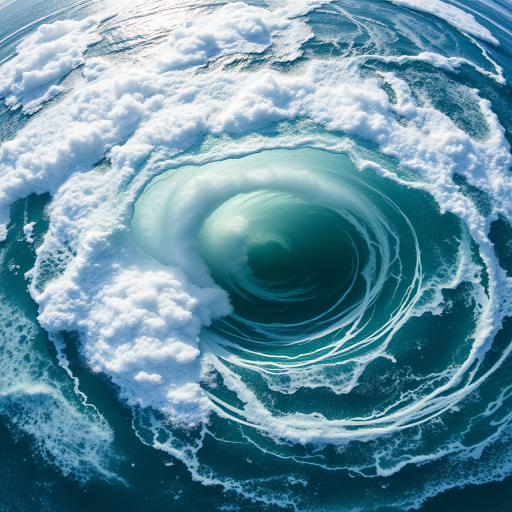 Create a high-resolution image of a swirling ocean vortex, capturing dynamic waves and clouds in a bright, serene atmosphere, using a wide-angle lens, f/8 aperture, ISO 100, and a shutter speed of 1/250 sec, shot with a DSLR camera from an aerial perspective.