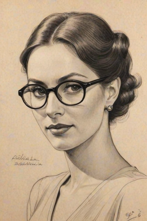 Pleasing Cristina Milian, pencil sketch, portrait of Splendid woman 1933s in glasses, hair style beatnik, outline, clear lines, fine lines, 8k