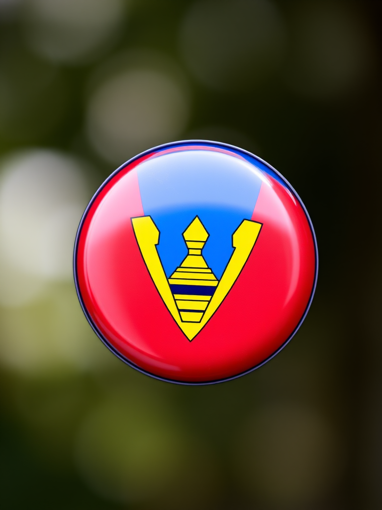 Create an image of a round badge featuring the national flag of Barbados with vibrant colors, high-resolution, taken with a DSLR camera at f/2.8 aperture, 50mm lens, ISO 100, soft natural lighting, and a slight bokeh effect in the background.