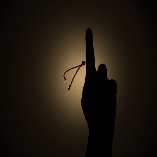 Create an artistic silhouette of a hand reaching upwards with a red string tied around one finger, captured with a Canon EOS R5, 50mm lens, f/1.8 aperture, ISO 100, soft lighting, high contrast, minimalistic background.