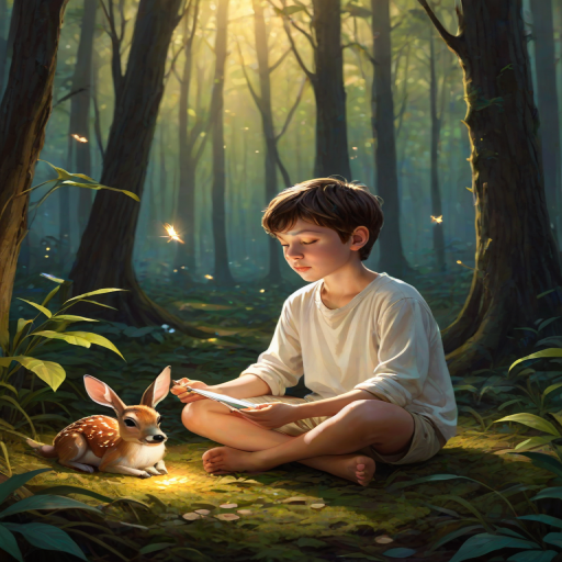 A luminous digital painting of a serene forest scene featuring a barefoot young boy, about 7 years old, with brown hair and fair skin, dressed in a simple white outfit. He sits cross-legged on the forest floor, gazing at a small, glowing, magical firefly in his hand. Beside him, a delicate spotted deer lies calmly on a bed of dried leaves, observing the scene. The dense forest is bathed in warm, golden light filtering through the trees, creating a peaceful, magical atmosphere with a blend of natural and mystical elements.