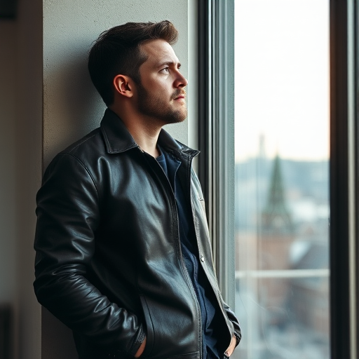 A thoughtful man in a leather jacket leaning against a large window, looking out contemplatively, with soft natural light illuminating the scene.