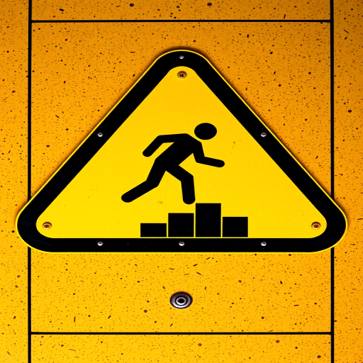 Generate an image of a caution sign featuring a person slipping on stairs, with a vivid yellow background and a black triangular border, captured with a DSLR camera at f/8 aperture, ISO 100, 24mm focal length, and a top-down view for clarity and detail.