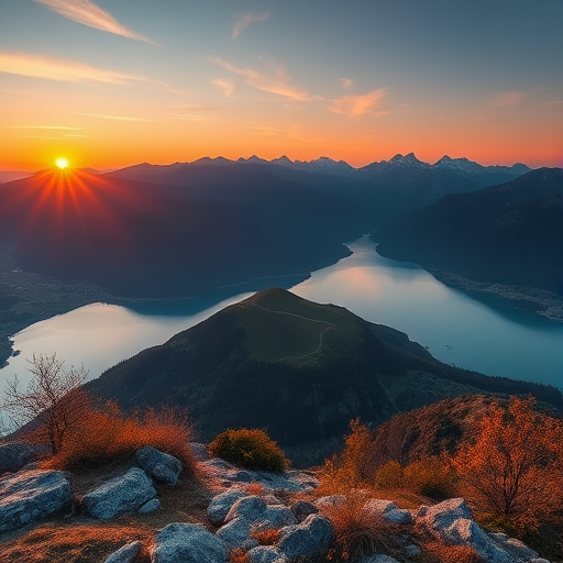 Generate a high-resolution image of a serene landscape with mountains and a lake at sunset, using a DSLR camera with a 50mm lens, aperture f/8, ISO 100, and a shutter speed of 1/200 sec, captured from a slightly elevated angle to enhance depth and detail.