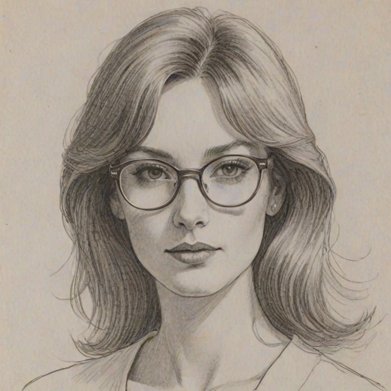 Pleasing Kathryn Gallagher, pencil sketch, portrait of Superb woman 1975s in glasses, hair style beatnik, outline, clear lines, fine lines, 8k