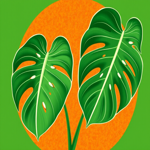 regenerate an illustration of two monstera leaves in green with white outlines on a textured orange circular background, using a DSLR camera, 50mm f/1.8 lens, f/2.8 aperture, ISO 200, 1/60s shutter speed, with bright soft lighting to enhance detail and vibrancy