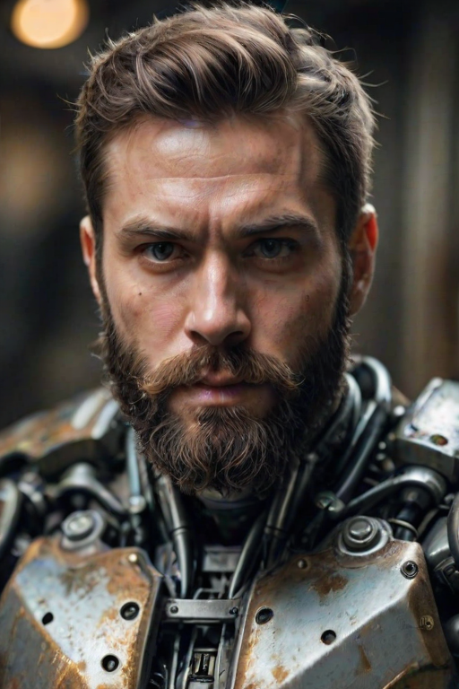 close up Portrait photo of muscular bearded guy in a worn mech suit, intricate, (steel metal , elegant, sharp focus, photo by greg rutkowski, soft lighting, vibrant colors, masterpiece, detailed face