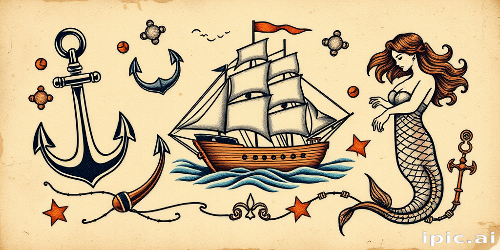 Vintage-inspired tattoo named "Nautical Nostalgia" featuring classic maritime elements like anchors, ships, and mermaids in a muted color palette with distressed effects for an authentic aged appearance